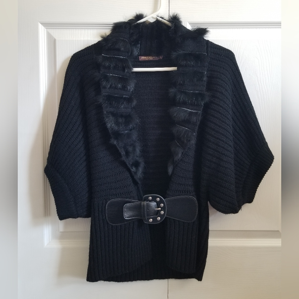 VTG Y2K John Fashion Women's Cardigan L Black Wool Belted Faux Fur **CLEARANCE**